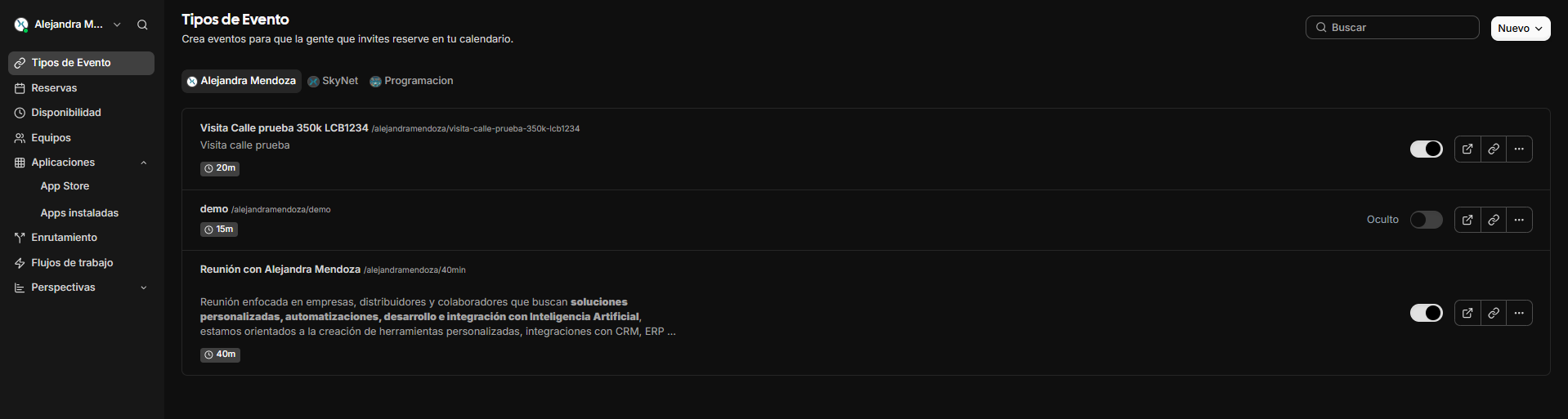 Pantalla de tipos de eventos.