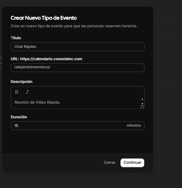 Formulario nuevo evento.